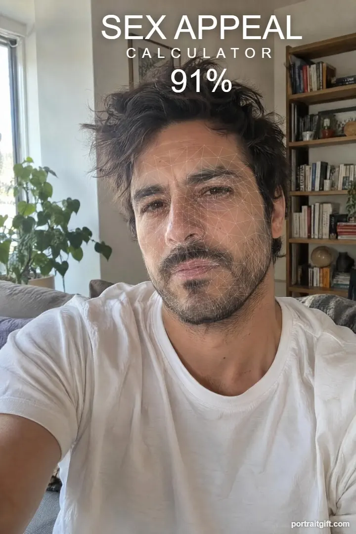 Example result: a man with dark stubble giving the camera a slow smolder, 91%, The Smolder